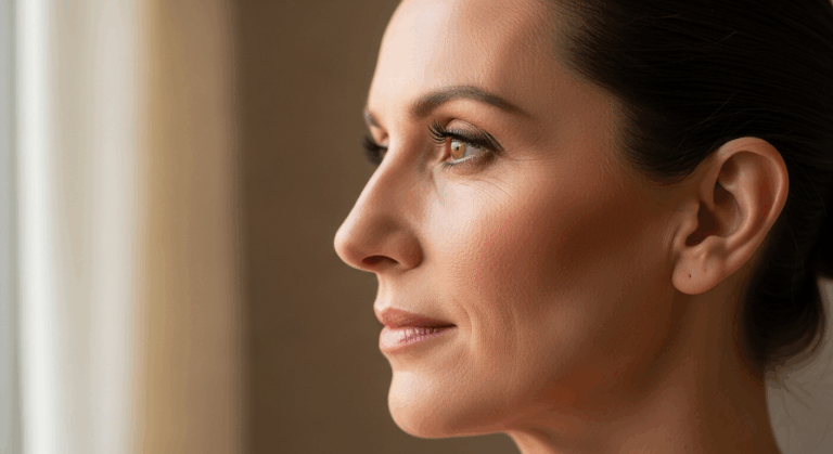 Gros plan de profil d'une femme à la peau lisse et aux cheveux foncés, regardant sur le côté avec un sourire discret.
