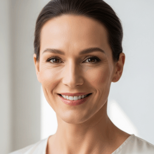 A smiling middle-aged woman with neatly styled hair, wearing a light-colored top, standing in a well-lit room with a window in the background.