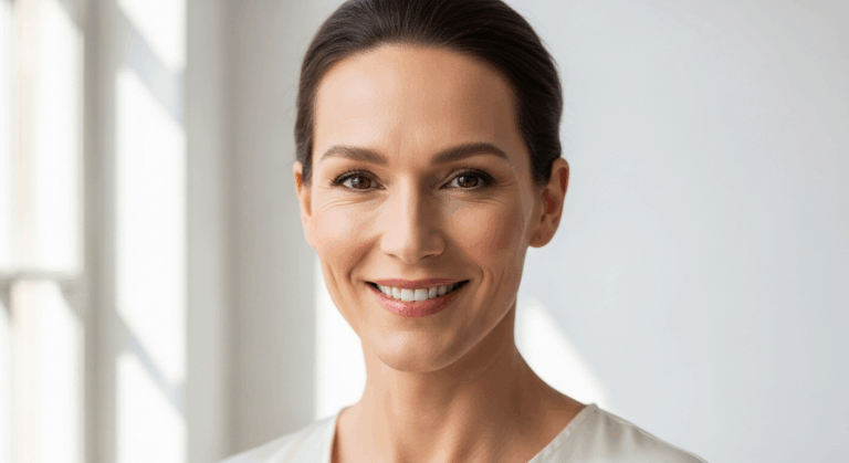 A smiling middle-aged woman with neatly styled hair, wearing a light-colored top, standing in a well-lit room with a window in the background.