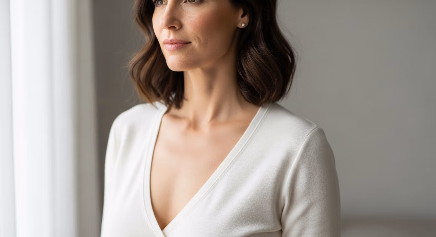 Une femme aux cheveux bruns mi-longs portant un haut blanc.