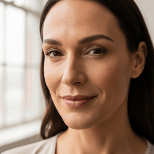 A close-up portrait of a woman with dark hair, looking into the distance with a thoughtful expression. She is standing near a large window that allows natural light to illuminate her face.