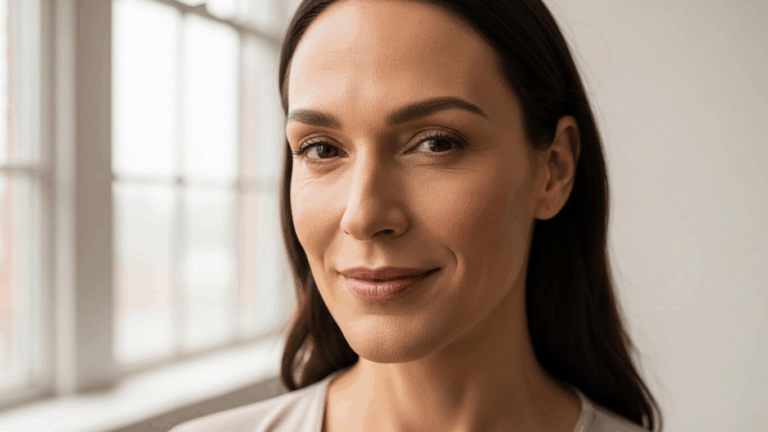 A close-up portrait of a woman with dark hair, looking into the distance with a thoughtful expression. She is standing near a large window that allows natural light to illuminate her face.