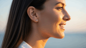 Una mujer sonriendo con pendientes, de pie cerca del océano durante la puesta de sol.
