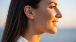 Une femme souriante, portant des boucles d'oreilles, se tient près de l'océan au coucher du soleil.