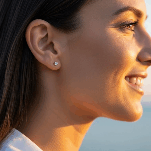 A woman smiling with earrings, standing near the ocean during sunset.