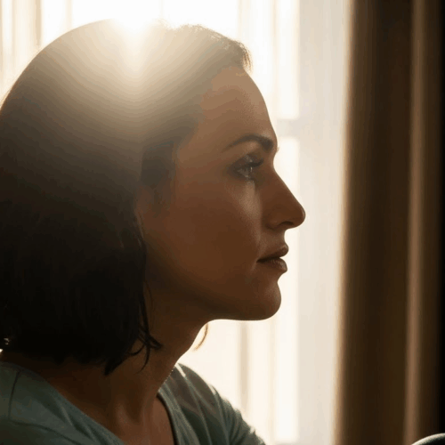 A woman with short brown hair is sitting in a chair near a window, looking to the side with sunlight illuminating her face.