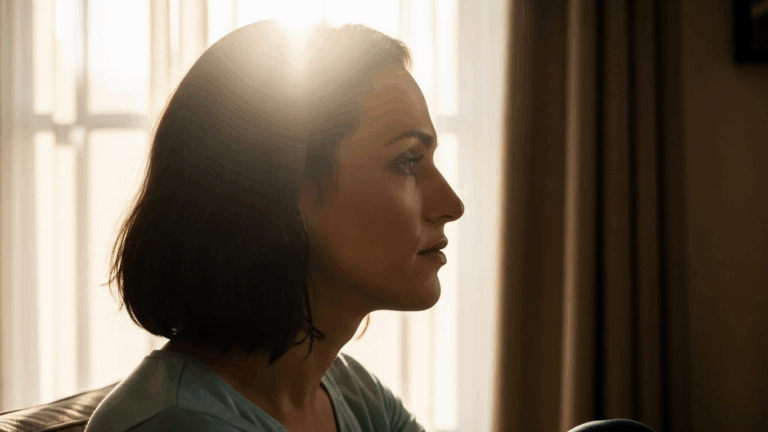 A woman with short brown hair is sitting in a chair near a window, looking to the side with sunlight illuminating her face.