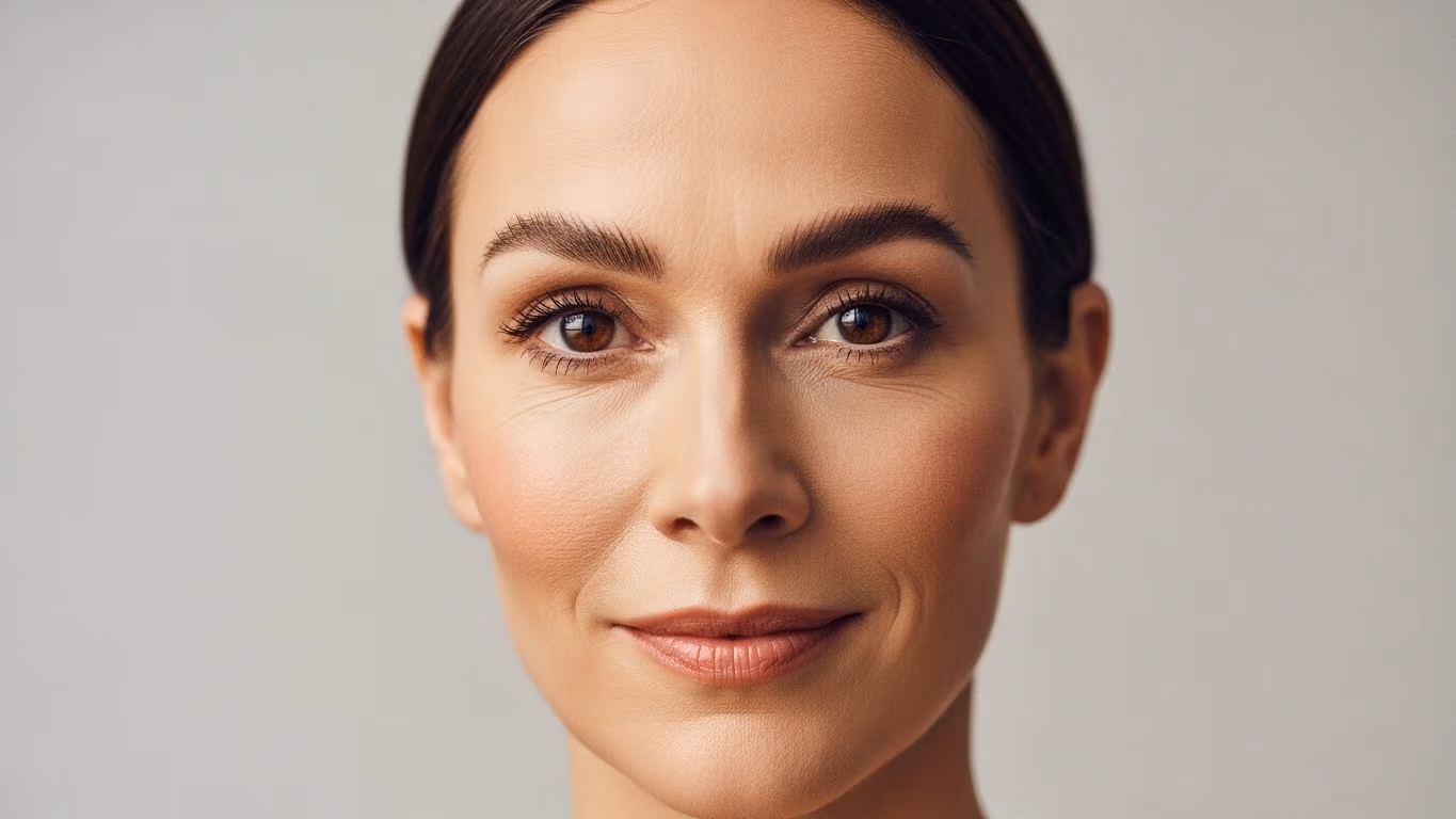 A close-up portrait of a woman with brown hair and brown eyes, posing against a plain background.