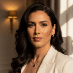 Eine berufstätige Frau mit dunklen Haaren posiert selbstbewusst in einem gut beleuchteten Raum mit einem Bücherregal und einer Lampe im Hintergrund. Sie trägt einen hellen Blazer und Goldschmuck.