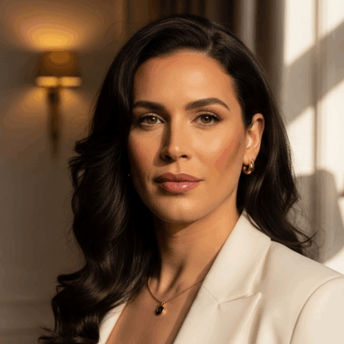 A professional woman with dark hair poses confidently in a well-lit room with a bookshelf and a lamp in the background. She is wearing a light-colored blazer and gold jewelry.