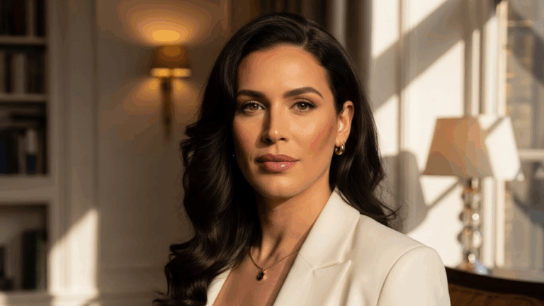 A professional woman with dark hair poses confidently in a well-lit room with a bookshelf and a lamp in the background. She is wearing a light-colored blazer and gold jewelry.