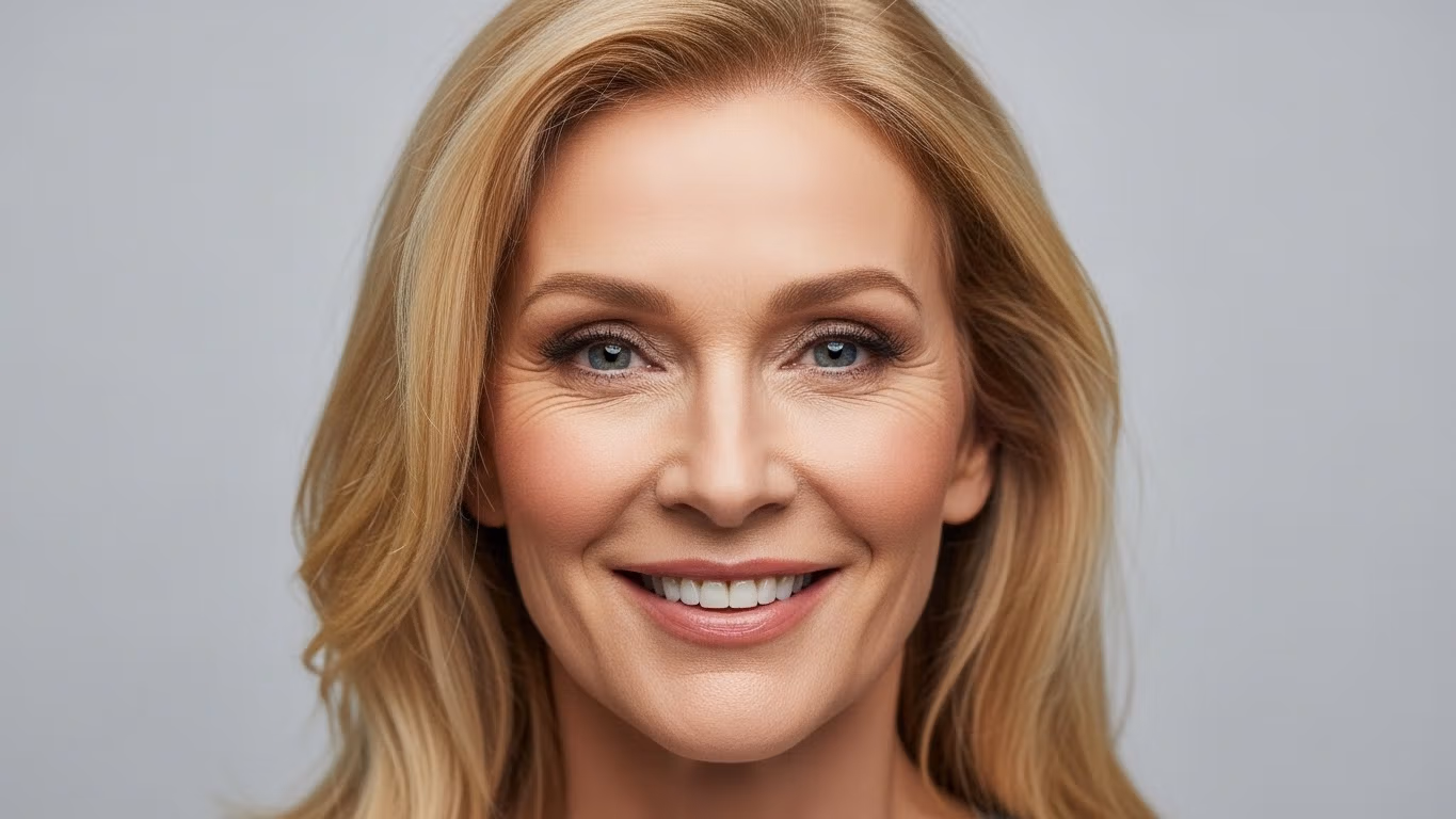 A smiling blonde woman with blue eyes and shoulder-length hair against a plain background.
