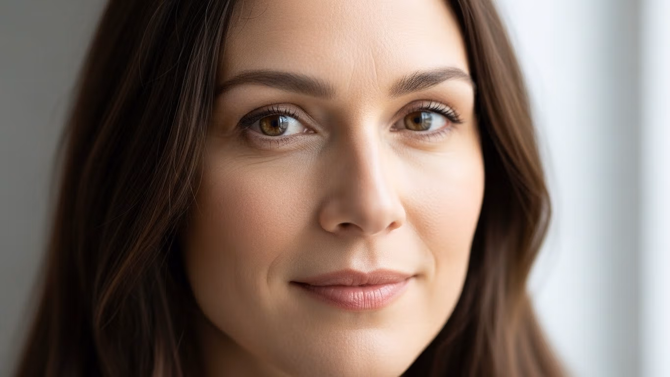 A close-up portrait of a woman with brown hair and green eyes, looking directly at the camera with a slight smile.