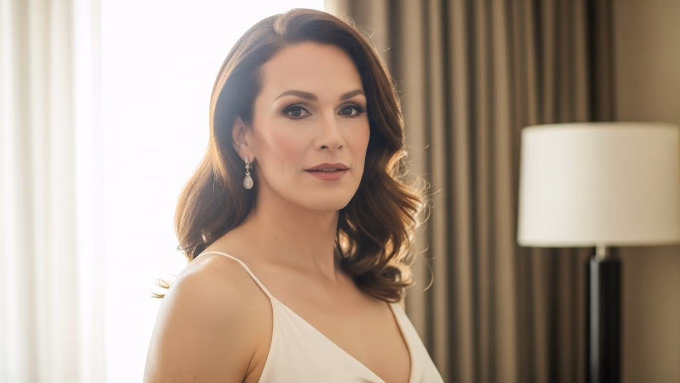 A woman with brown hair is posing indoors. She is wearing a white dress and earrings, standing near a lamp and curtains.