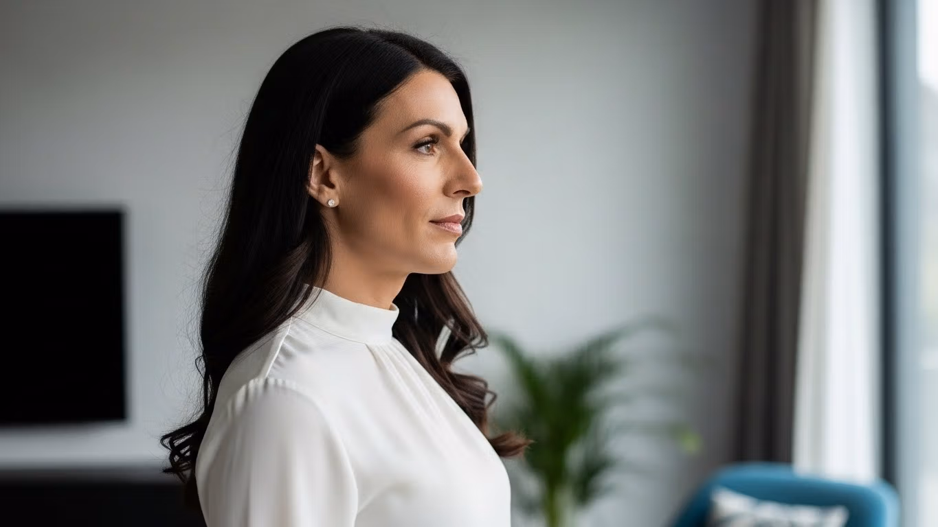 A woman with long dark hair tied back in a ponytail, wearing a white blouse, stands in an office setting. She is looking off to the side with a serious expression. There is a television on the wall behind her, and a potted plant is visible in the background.