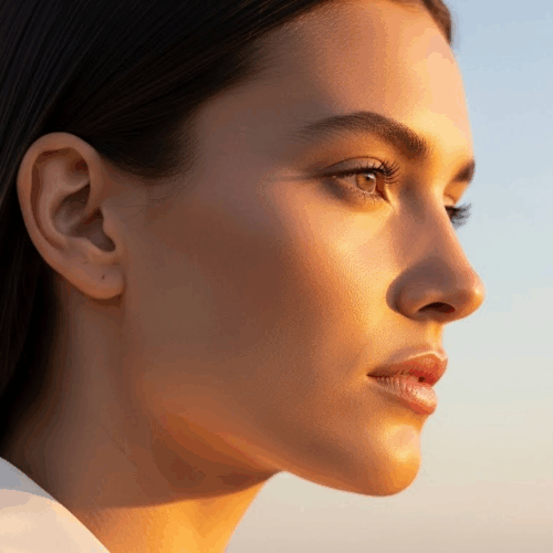 A woman with long dark hair is shown in profile, gazing into the distance with a serene expression. The image captures her face and shoulder, with the background featuring a soft, warm hue of the sky during sunset.