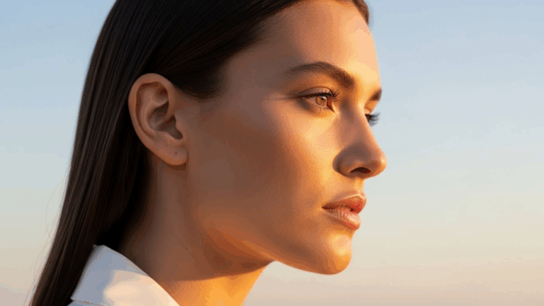 Una mujer de cabello largo y oscuro aparece de perfil, mirando a lo lejos con expresión serena. La imagen captura su rostro y hombro, con el fondo iluminado por la suave y cálida luz del cielo al atardecer.