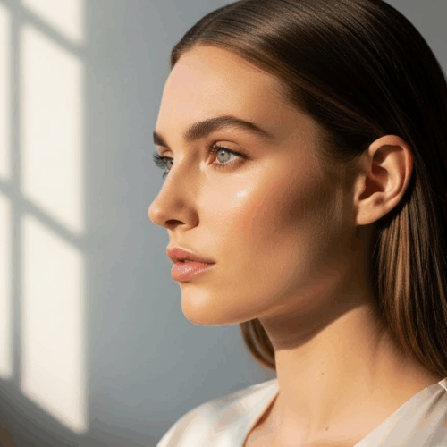 A woman with long, straight dark hair is shown in profile, looking out of a window with natural light illuminating her face. She has fair skin, striking blue eyes, and is wearing a light-colored top.