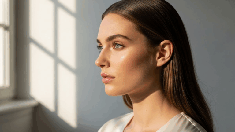Una mujer de cabello largo, liso y oscuro aparece de perfil, mirando por una ventana con el rostro iluminado por la luz natural. Tiene la piel clara, unos ojos azules llamativos y lleva una blusa de color claro.