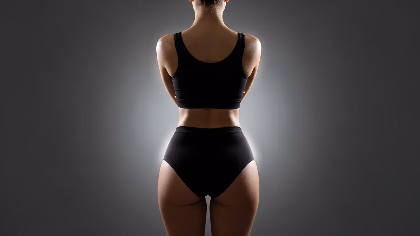 Una mujer con un físico atlético, de pie de espaldas a la cámara sobre un fondo gris neutro, vestida con ropa deportiva negra.