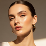 Retrato de una joven con un peinado elegante, piel radiante y pendientes de aro dorados, iluminada por una suave luz natural.