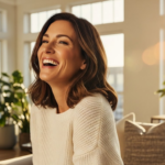 A happy woman with brown hair wearing a white sweater laughing in a sunlit living room.