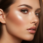 Close-up portrait of a young woman with natural, radiant makeup and glowing skin, highlighting professional skincare or beauty aesthetics.