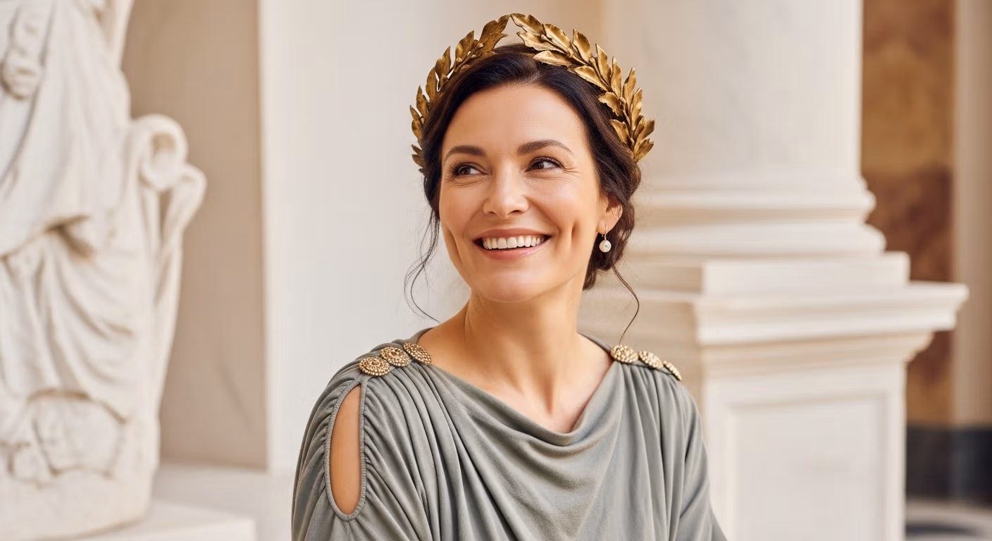 Une femme souriante, coiffée d'une couronne de laurier dorée et vêtue d'une tunique drapée de style romain classique, se détache sur un fond de colonnes de marbre blanc.