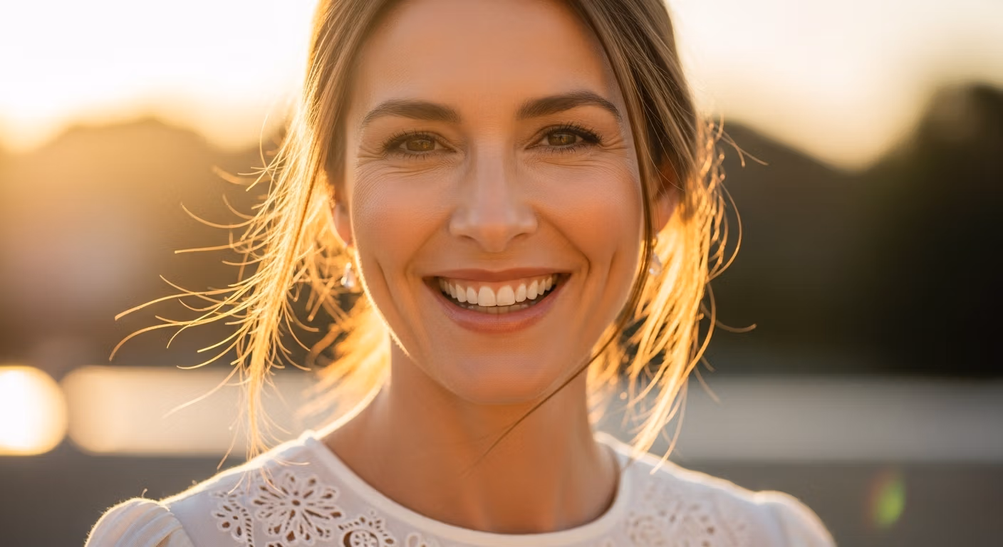 Portrait en gros plan d'une femme souriante aux yeux bruns chaleureux et aux cheveux châtain clair, vêtue d'un haut blanc à col en dentelle, capturée dans la douce lumière dorée d'un coucher de soleil.