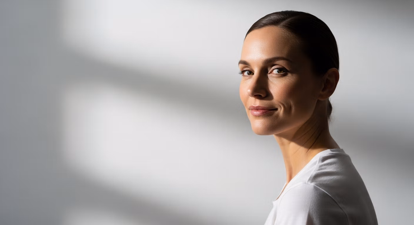 Portrait en gros plan d'une femme au doux sourire, les cheveux tirés en arrière, vêtue d'un t-shirt blanc, sur un fond clair aux ombres diagonales dramatiques.