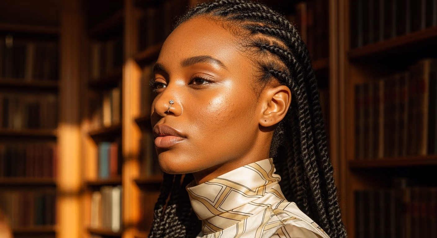 Una joven negra con el pelo trenzado y la piel radiante, que lleva un piercing en la nariz y una blusa estampada de cuello alto, posa en una biblioteca con la cálida luz del sol iluminando su rostro.