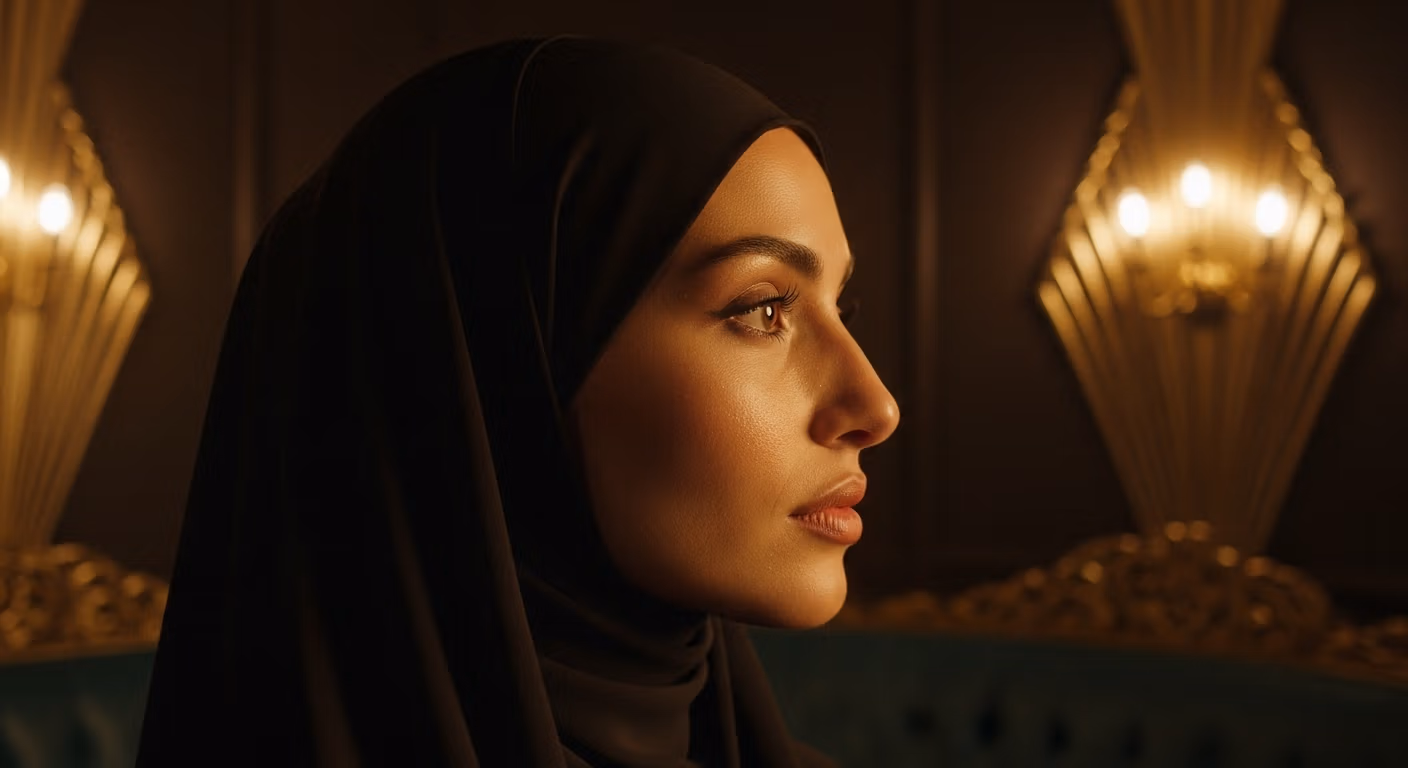 Retrato de perfil de una mujer que viste un hijab negro, resaltado por una iluminación cálida y cinematográfica contra un fondo oscuro con elegantes apliques de pared dorados.