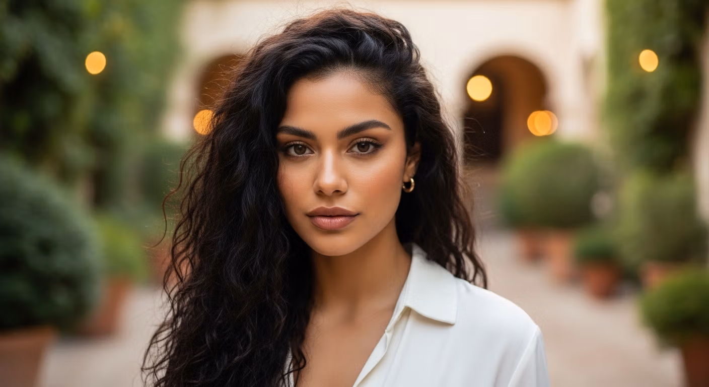 Retrato de una hermosa mujer con cabello largo, oscuro y rizado, y pendientes de aro dorados, vestida con una camisa blanca, con un fondo borroso de un elegante patio y luces cálidas.