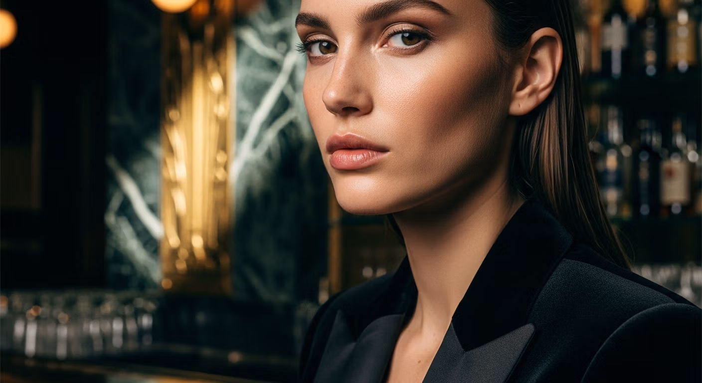 Retrato en primer plano de una joven con expresión seria y maquillaje elegante, que viste un blazer de terciopelo negro en un bar sofisticado y con iluminación tenue, con un fondo difuminado de mármol y detalles dorados.