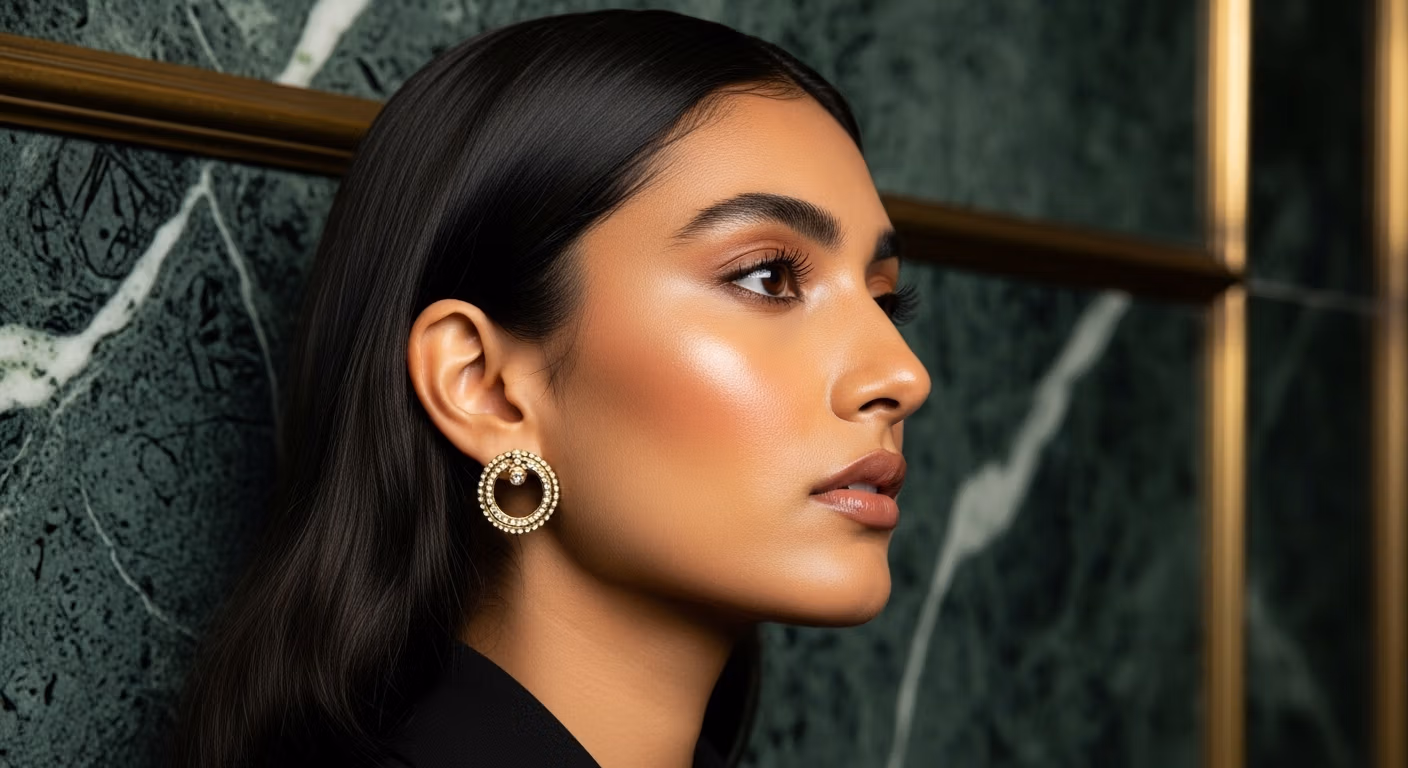 Retrato de perfil de una mujer con cabello oscuro y liso y maquillaje luminoso, que luce un pendiente circular de oro, posando contra una pared de mármol verde con detalles dorados.
