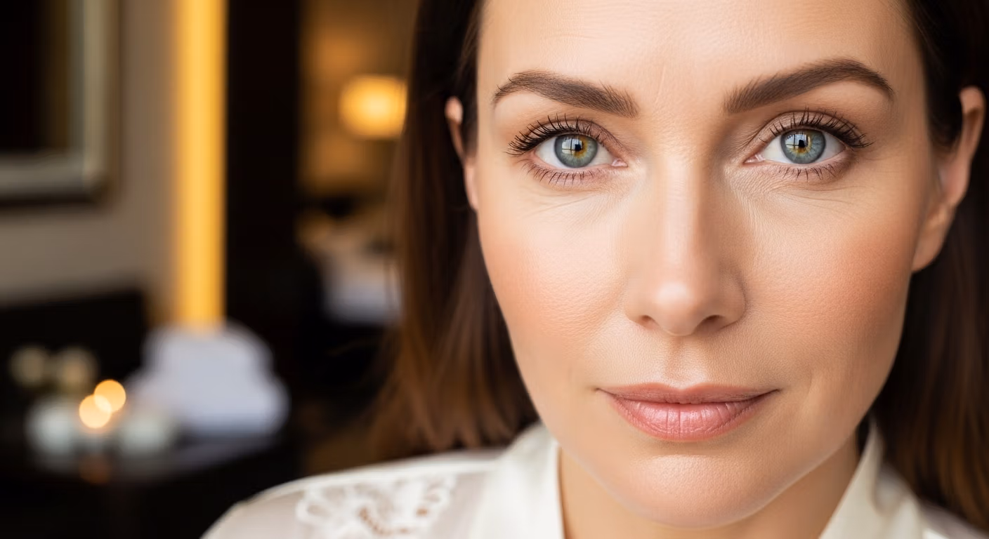 Portrait en gros plan d'une femme aux yeux clairs et à l'expression douce, regardant directement l'objectif dans un intérieur à l'éclairage chaleureux.