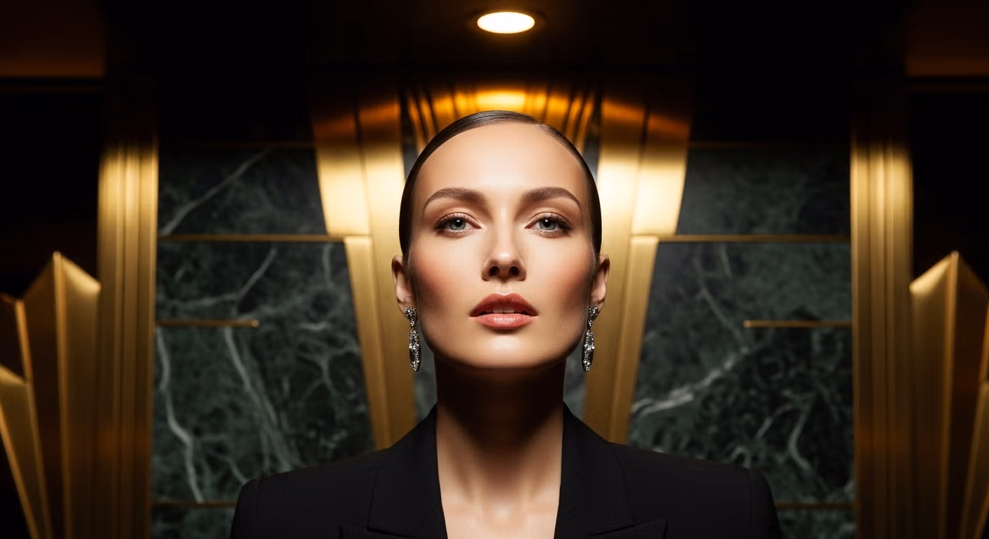 Portrait sophistiqué d'une femme élégante aux cheveux lisses et aux boucles d'oreilles argentées, vêtue d'un blazer noir, sur fond de luxueux décor Art déco orné de panneaux géométriques dorés et de murs en marbre vert foncé.