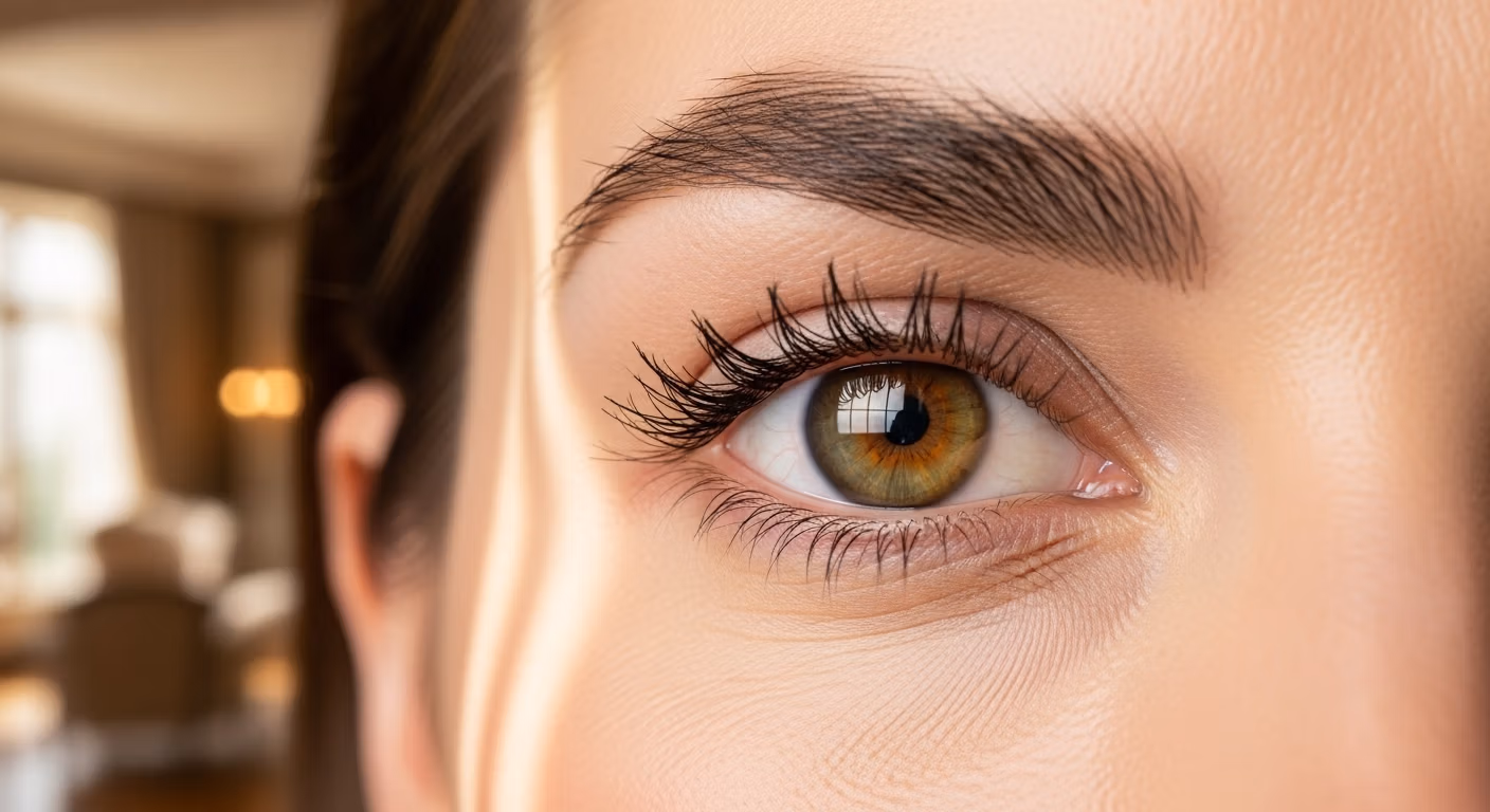 Gros plan extrême d'un œil noisette humain, avec de longs cils foncés et un sourcil bien dessiné, révélant la texture détaillée de l'iris et un éclairage chaud.