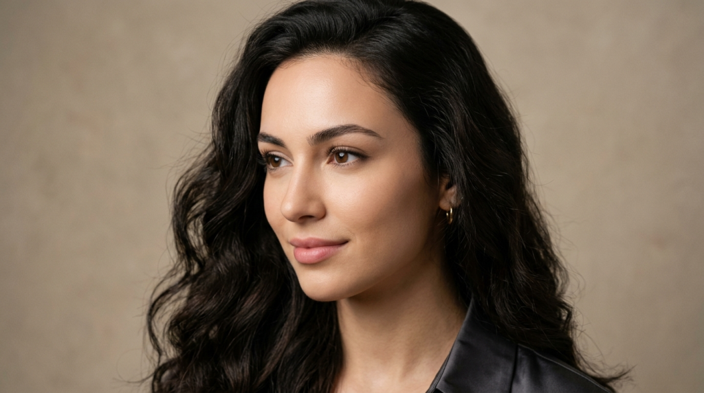 A studio portrait of a woman with long, wavy dark hair and soft, natural makeup, showcasing feminine features with a smooth, radiant complexion. She is illuminated by gentle, flattering lighting that highlights her facial anatomy, including defined cheekbones and a subtle smile. She wears a dark, silky-textured top and small hoop earrings against a minimalist, neutral beige background.