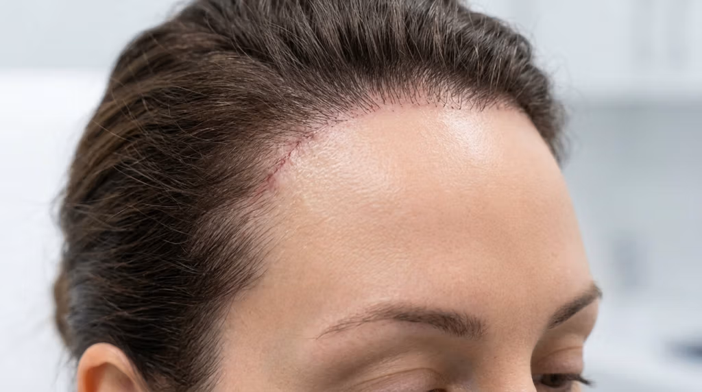 صورة مقرّبة من زاوية علوية تُركّز على خط شعر مريضة بعد عملية زراعة شعر مباشرة. الإضاءة ساطعة ودقيقة، تُبرز ملمس البشرة ودقة الشقوق الصغيرة على طول خط الشعر الأمامي. تبدو البشرة طبيعية تمامًا دون أي مكياج ظاهر، مما يُبرز ملامح الوجه الأنثوية. الخلفية ضبابية وغير واضحة، تُشبه بيئة طبية، مما يُعزز التركيز على منطقة الجراحة. لا تظهر أي ملابس لأن الصورة مُركّزة على الجبهة وخط الشعر.