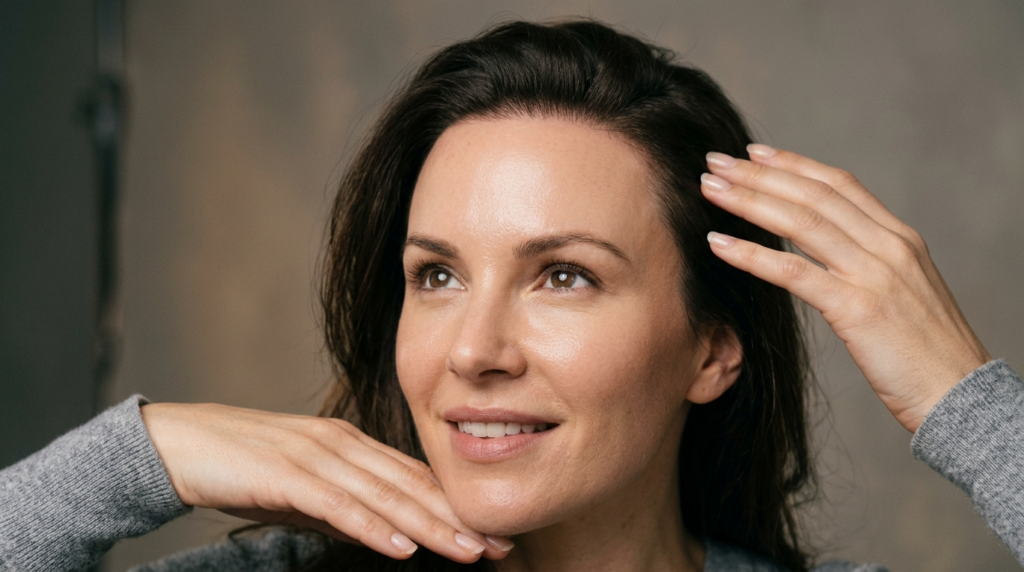 A close-up portrait of a woman with distinct feminine features, featuring glowing, natural-looking skin with minimal, clean-girl makeup. She has soft, dark hair and is gently posing with her hands near her face. The lighting is soft and diffused, highlighting the contours of her face and anatomy. She is wearing a simple grey knit sweater. The background is a smooth, neutral-toned studio backdrop, creating a professional and elegant aesthetic.