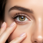 Close-up portrait of a woman with natural makeup, highlighting her green eyes, long eyelashes, and clear skin.