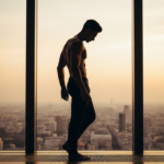 A silhouette of a muscular man standing by a large floor-to-ceiling window overlooking a city skyline at sunset.