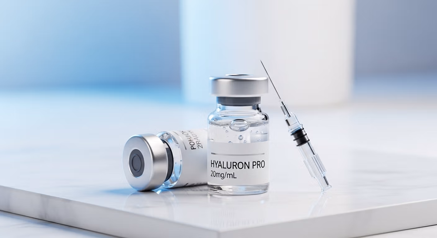 Два стеклянных флакона с раствором Hyaluron Pro 20 мг/мл и шприц размещены на мраморной поверхности.