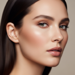 Close-up portrait of a young woman with natural, radiant makeup and smooth, healthy skin.