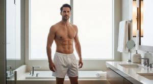 Üstü çıplak, atletik bir adam, arka planda küvet ve lavabo bulunan modern bir banyoda ayakta duruyor.