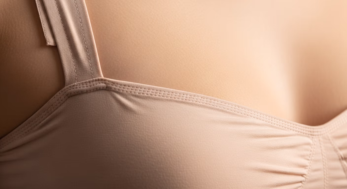Close-up view of a beige post-operative compression garment worn on the chest area.