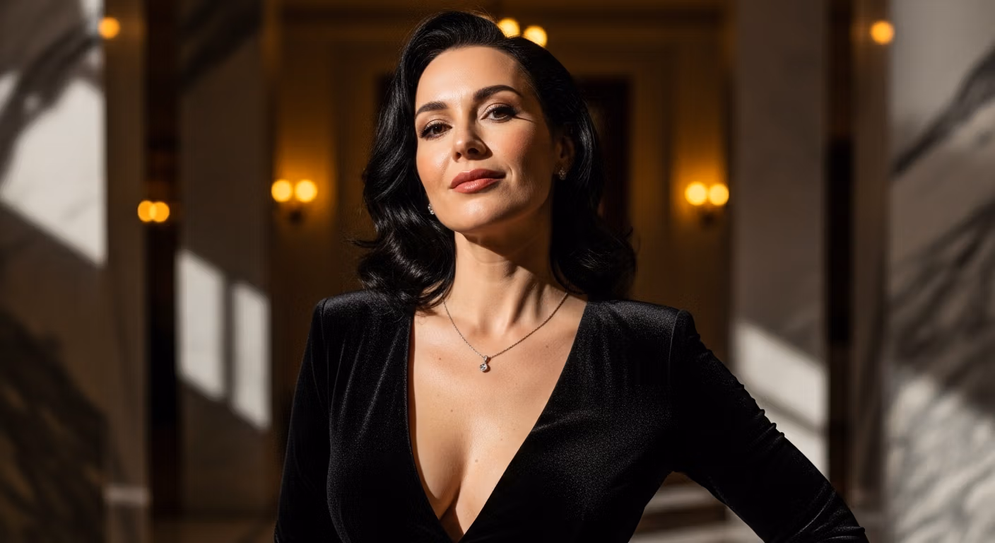 A confident woman with dark hair wearing a black velvet dress and a pendant necklace, standing in an elegant interior with soft lighting.