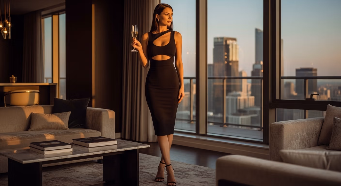 A woman in a black dress standing in a luxury apartment at sunset, holding a glass of champagne, with a city skyline in the background.