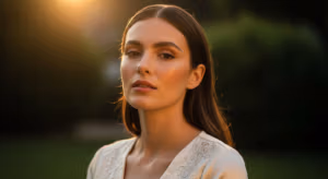 Retrato de una joven de rasgos naturales y cabello largo y oscuro, iluminada por la cálida luz del atardecer, que viste una blusa blanca bordada con un fondo exterior suave y difuminado.